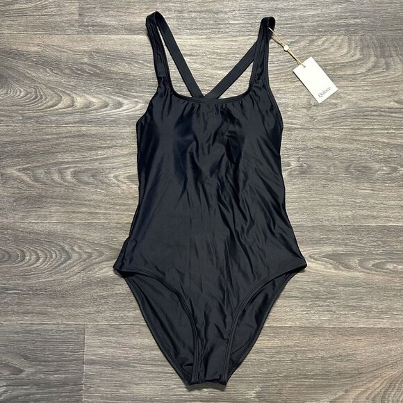 NWT Quince Medium Italian Cross-Back One Piece Swimsuit Black Swim Bathing Suit - Picture 1 of 9